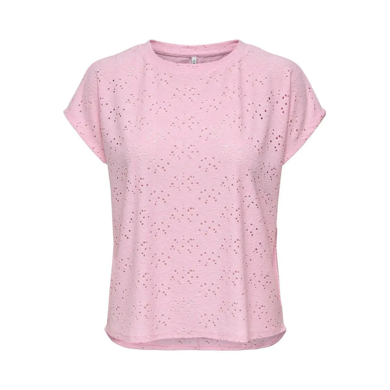 A soft pink short-sleeved polyester top with delicate eyelet pattern similar to only women white round neck t shirt size s