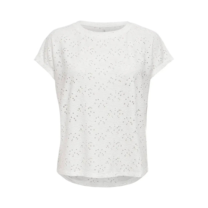 White eyelet cotton top with short sleeves and rounded neckline for women size s by only