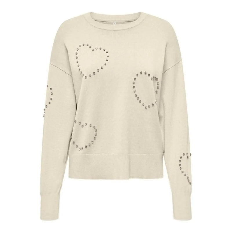 Pull en maille viscose couleur crème à col rond orné de clous argentés en forme de cœur et de cercle pour femme