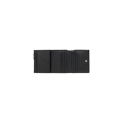 Open black leather wallet from Calvin Klein featuring textured leather surface
