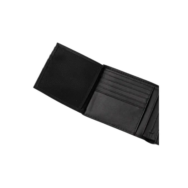 Open black leather wallet with CK pattern displayed for sale