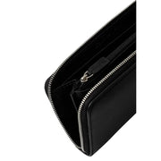 Open black leather wallet with zipper and embossed logo on a white background