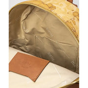 Open tan World Map Patterned Backpack interior with brown leather straps