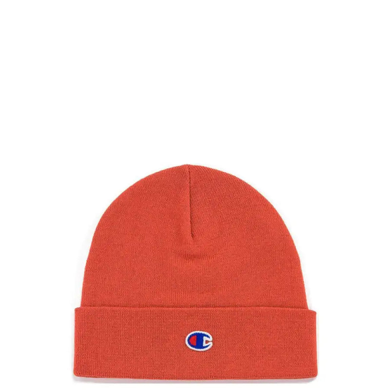 Orange Champion beanie displayed with Champion Women’s Pink Cap in 100% Polyester