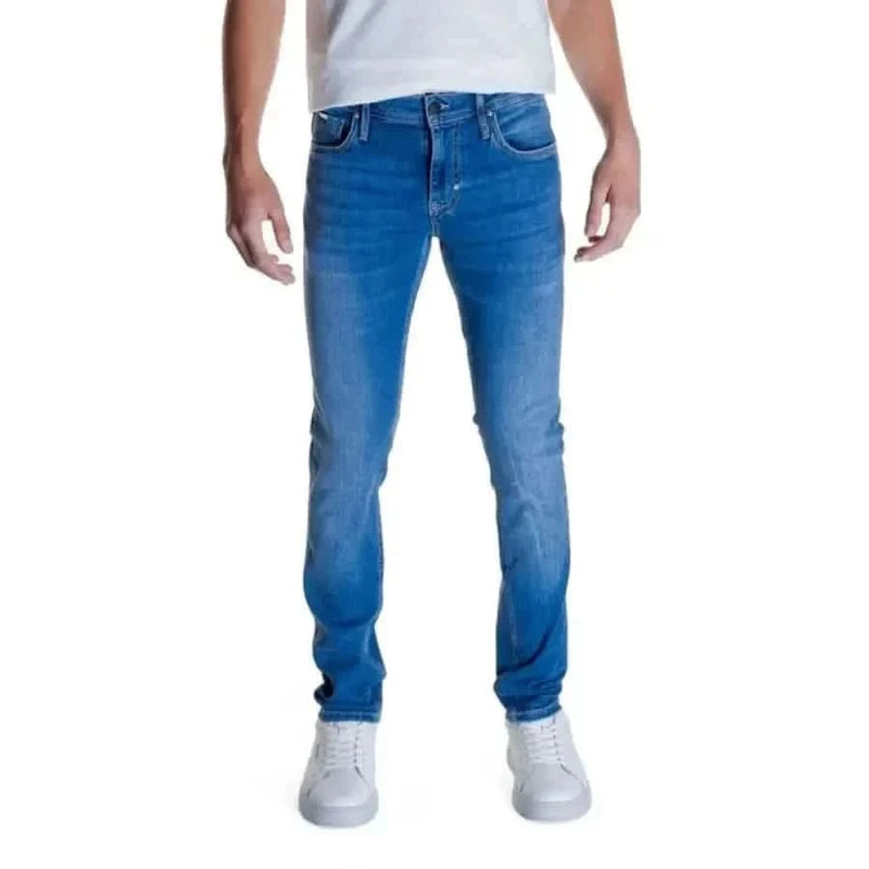 Pair of blue denim jeans worn by a person featuring Antony Morato branding