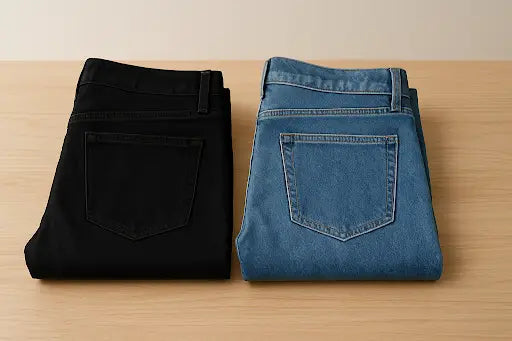 Vergleich zwischen schwarzer Jeans und blauer Jeans, der Farb- und Texturunterschiede für professionelles Styling zeigt.
