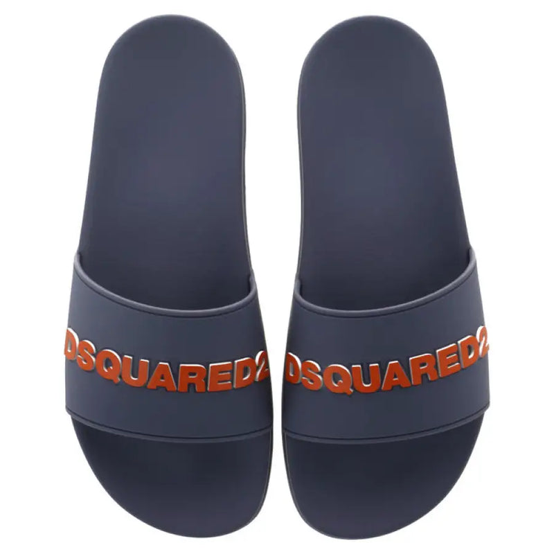 Pair of navy blue slides with orange lettering for comfortable casual footwear