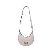 Pale pink crescent-shaped shoulder bag with chain strap and gold logo for elegant style