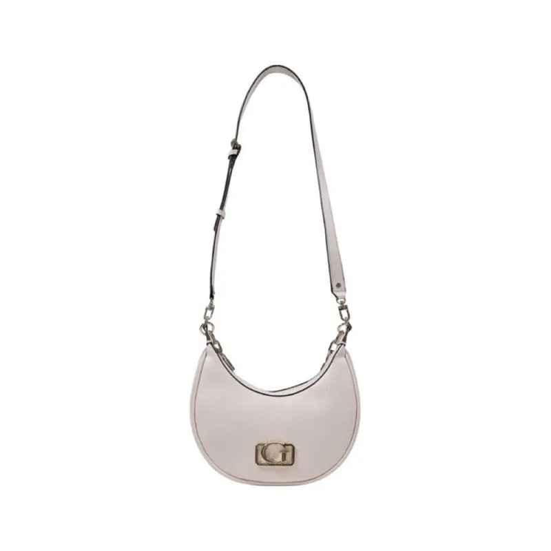 Pale pink crescent-shaped shoulder bag with chain strap and gold logo for elegant style