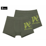 Olive green palm angels boxer briefs with lime green embroidered logo made of black cotton for men underwear
