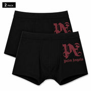 Black men’s cotton boxer briefs with maroon pn logo and palm angels text on the side by Palm Angels