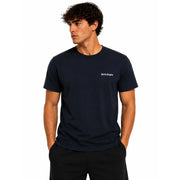 Marineblaues, kurzärmeliges Baumwollhemd t-shirt mit weißem Palmenengel-Logo auf der linken Brustseite für Herren
