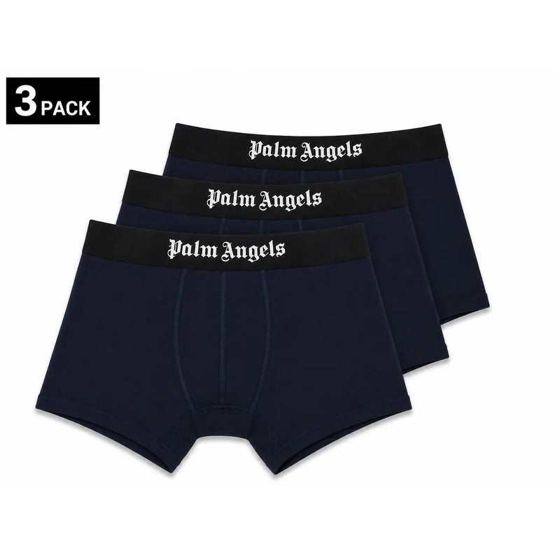 Navy blue palm angels men boxer briefs with black waistbands white embroidered branding made of cotton elastane