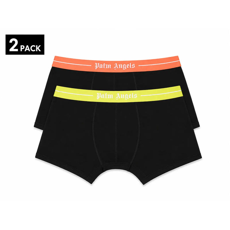 Black Palm Angels cotton boxer briefs with neon orange and lime green elastic waistbands featuring white logo