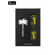 Boîte de sous-vêtements Black Palm Angels contenant un lot de deux boxers en coton stretch à motifs vert olive et jaune