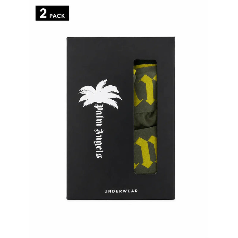 Boîte de sous-vêtements Black Palm Angels contenant un lot de deux boxers en coton stretch à motifs vert olive et jaune