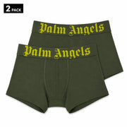 Boxers vert olive à motifs d'anges palmiers, en coton stretch, avec inscription gothique jaune vif sur la ceinture.