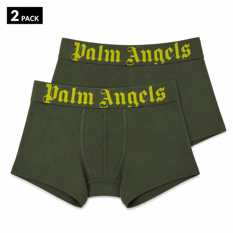 Boxers vert olive à motifs d'anges palmiers, en coton stretch, avec inscription gothique jaune vif sur la ceinture.