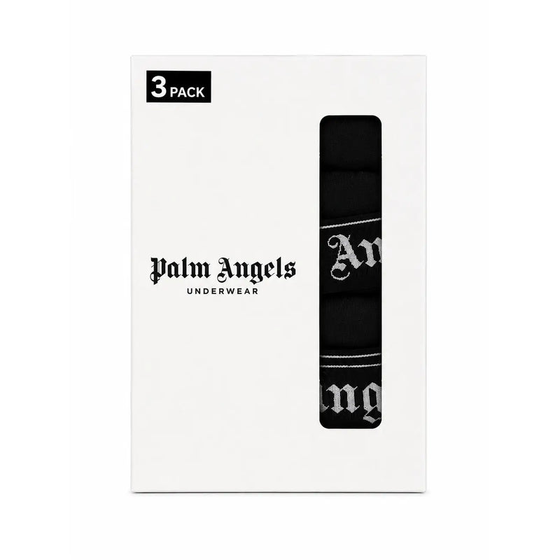 Lot de 3 sous-vêtements Black Palm Angels avec inscription gothique blanche audacieuse sur la ceinture, en coton stretch bleu.