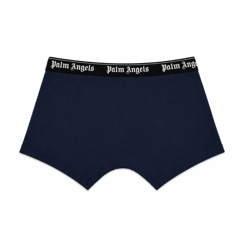 Boxer pour homme Palm Angels bleu marine, avec ceinture noire et logo blanc, en coton stretch.