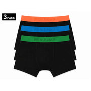 Set of three black cotton stretch boxer briefs with brightly colored Palm Angels elastic waistbands in orange blue and green