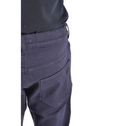 Back side of paolo pecora men blue cotton stretch trousers in dark navy denim with subtle textured weave and black brand tag