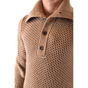 Paolo Pecora men knitwear camel wool sweater with textured diamond pattern and three dark buttons down the front