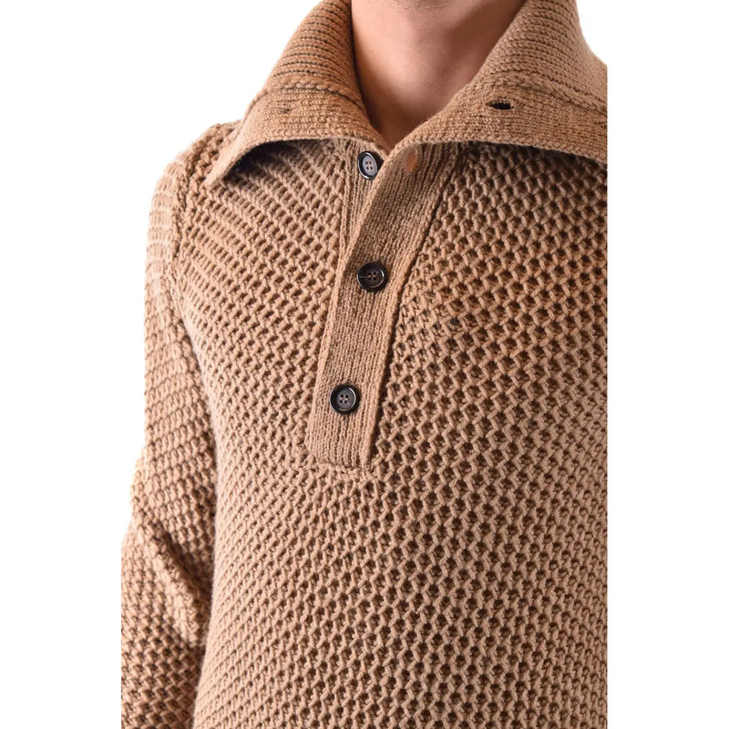 Paolo Pecora men knitwear camel wool sweater with textured diamond pattern and three dark buttons down the front