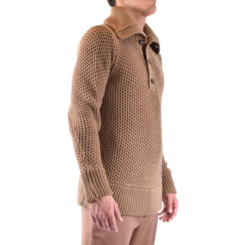 Paolo Pecora men knitwear camel wool turtleneck sweater with tan waffle texture and ribbed cuffs and hem
