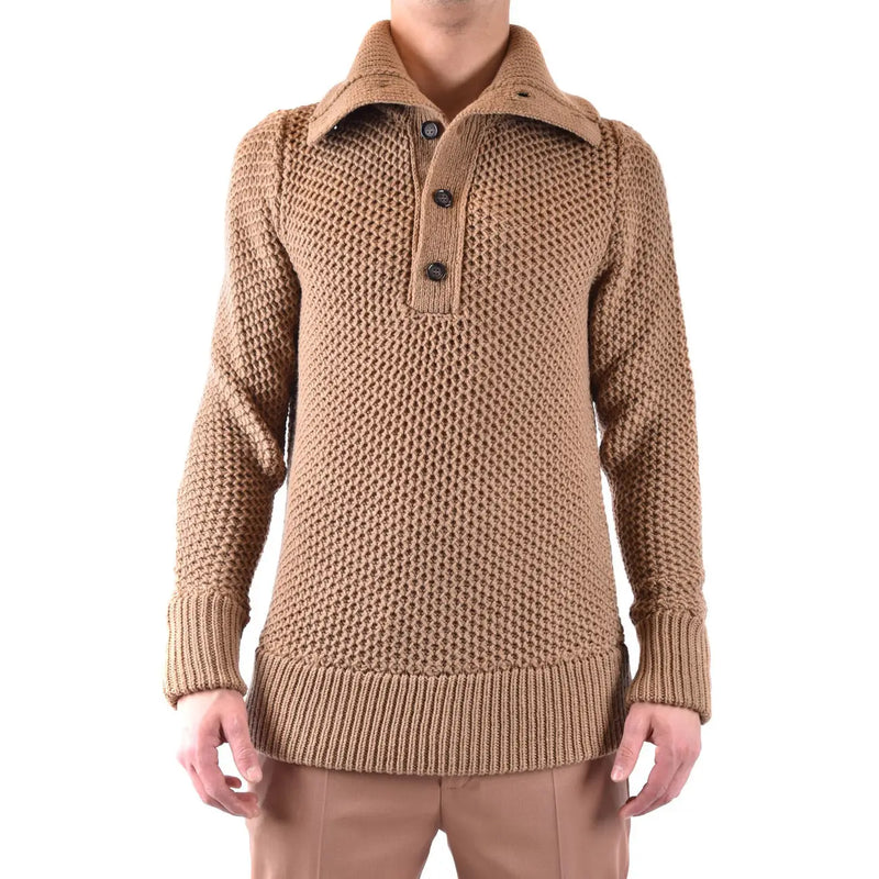 Paolo Pecora men’s camel wool knit sweater with textured collar and three dark buttons down the front