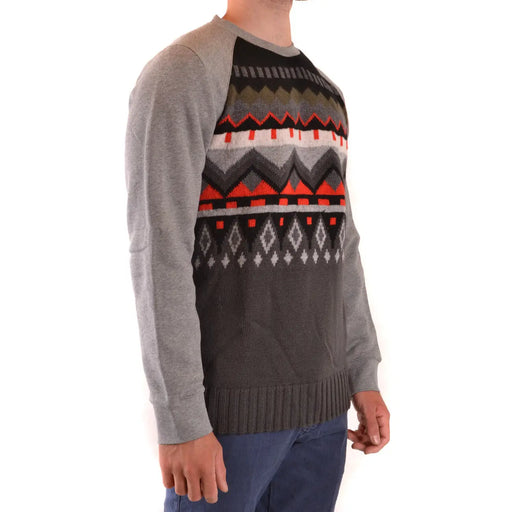 Paolo Pecora men knitwear grey wool round neck sweater with red white and olive green geometric patterns
