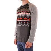 Paolo Pecora men knitwear grey wool round neck sweater with red white and beige geometric patterns across chest