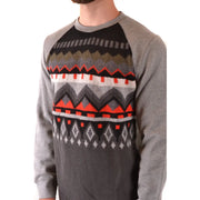 Paolo pecora men knitwear grey wool round neck sweater with black knit and red white olive green geometric patterns