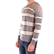 Paolo Pecora Herren-Strickwaren, gestreifter, mehrfarbiger Leinenpullover in Grau und Cremeweiß mit drei braunen Schulterknöpfen
