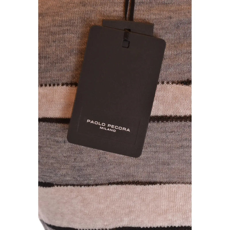 Black rectangular brand tag with paolo pecora milano on a paolo pecora men knitwear striped multicolor linen sweater