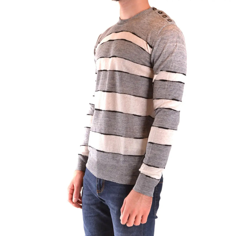 Paolo Pecora men knitwear striped multicolor linen sweater in gray and off-white with three brown shoulder buttons