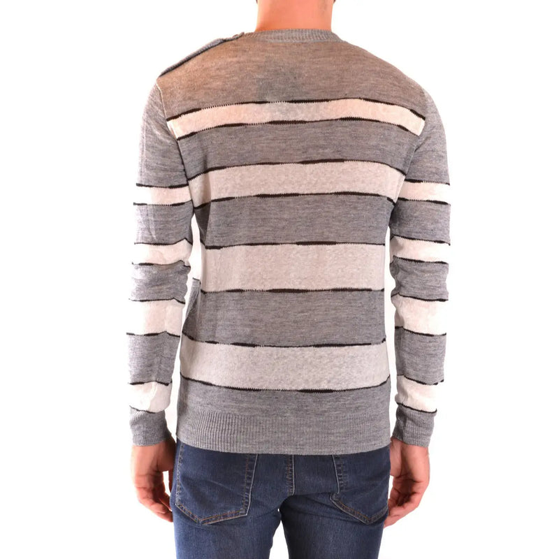 Paolo Pecora men long-sleeved linen sweater with horizontal stripes in gray beige and black multicolor knitwear