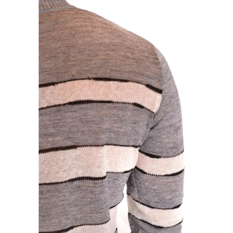 A Paolo Pecora men knitwear long-sleeved linen sweater with multicolor horizontal stripes in gray beige and black