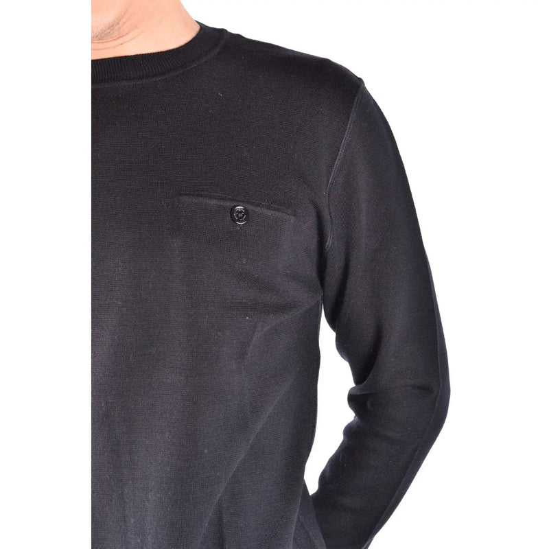 Paolo Pecora men black long sleeve wool knitwear with ribbed crew neck and buttoned chest pocket