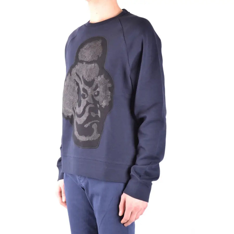 Paolo Pecora men navy blue cotton sweatshirt with round neck featuring detailed dark gray and black embroidered gorilla face