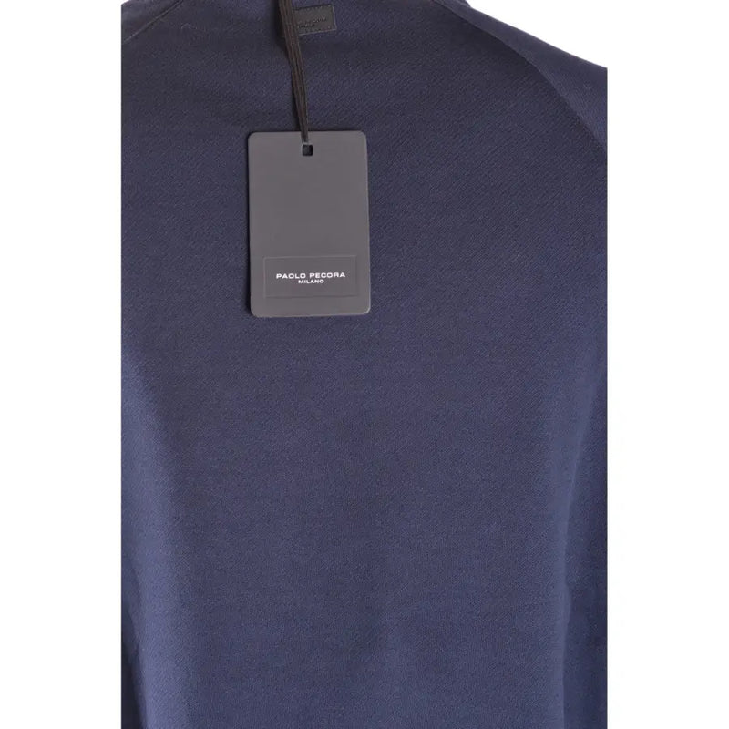 Dark blue cotton knit sweatshirt with subtle textured weave and paolo pecora milano branded tag round neck design