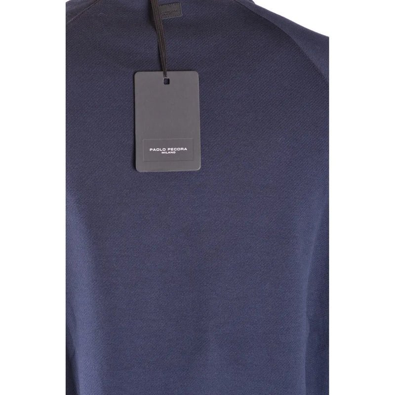 Dark blue cotton knit sweatshirt with subtle textured weave and paolo pecora milano branded tag round neck design