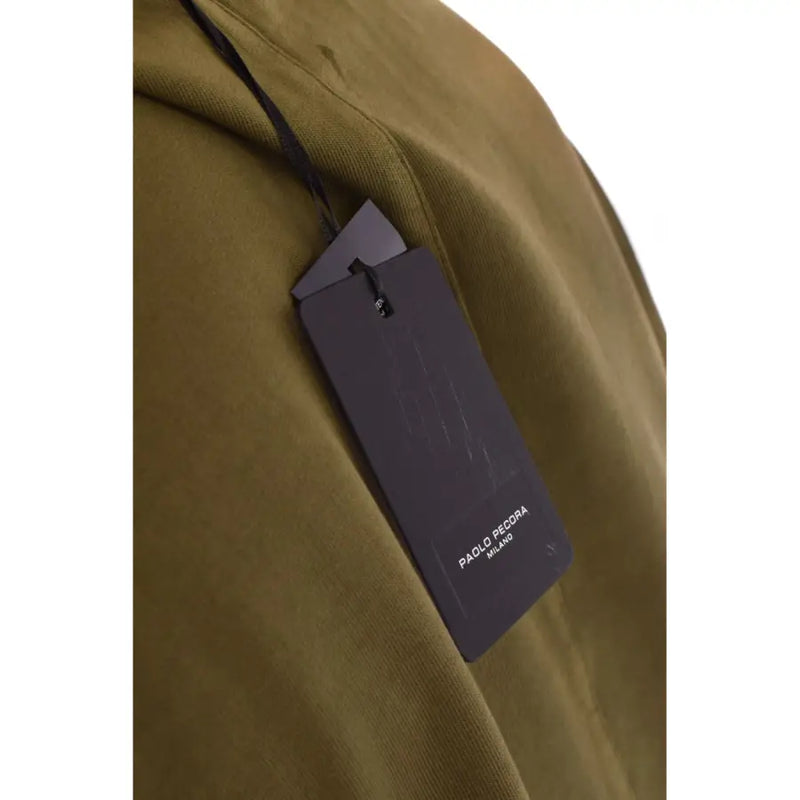 Paolo pecora men t shirt with dark gray rectangular brand tag on olive green fabric showing the back side