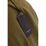 Paolo pecora men t shirt with dark gray rectangular brand tag on olive green fabric showing the back side