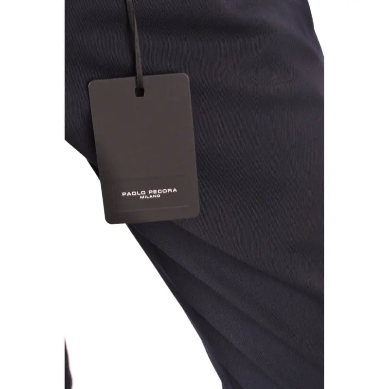 Black textured fabric paolo pecora men trousers with matte black paolo pecora milano brand tag visible