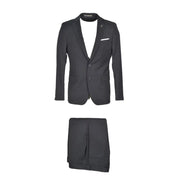 Black tailored mens suit by Paoloni with notched lapel two-button closure and matching trousers in fleece wool for fall winter
