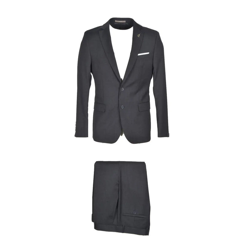 Black tailored suit with notched lapel two-button closure and matching trousers with flap pockets by paoloni gray fleece wool