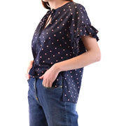 Navy blue parosh women silk blouse with pink polka dots and ruffled short sleeves designer fashion top