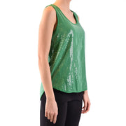 Parosh women green sequined slim fit cotton tank top with scoop neckline and high-low hemline size s