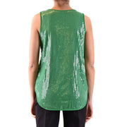 Green sequined sleeveless slim fit cotton tank top with high neckline and flared hem by parosh women in size s